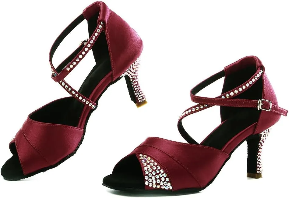 HIPPOSEUS Women Rhinestone Ballroom Dance Shoes Satin Latin Salsa Performance Dance Shoes,Model L066