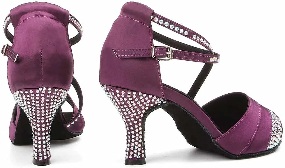 HIPPOSEUS Women Rhinestone Ballroom Dance Shoes Satin Latin Salsa Performance Dance Shoes,Model L066