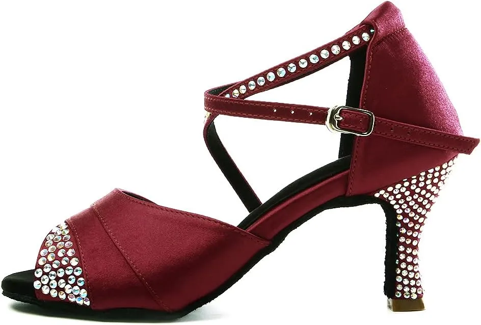 HIPPOSEUS Women Rhinestone Ballroom Dance Shoes Satin Latin Salsa Performance Dance Shoes,Model L066