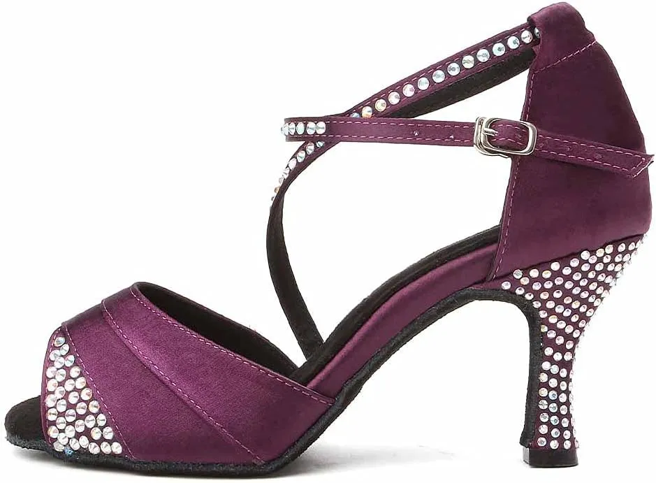 HIPPOSEUS Women Rhinestone Ballroom Dance Shoes Satin Latin Salsa Performance Dance Shoes,Model L066