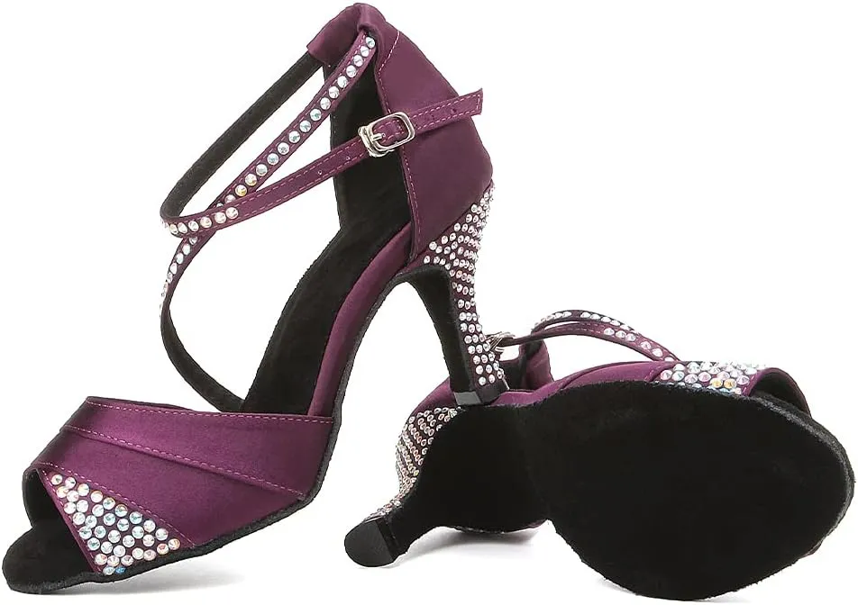 HIPPOSEUS Women Rhinestone Ballroom Dance Shoes Satin Latin Salsa Performance Dance Shoes,Model L066