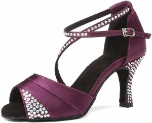 HIPPOSEUS Women Rhinestone Ballroom Dance Shoes Satin Latin Salsa Performance Dance Shoes,Model L066