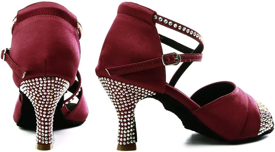 HIPPOSEUS Women Rhinestone Ballroom Dance Shoes Satin Latin Salsa Performance Dance Shoes,Model L066