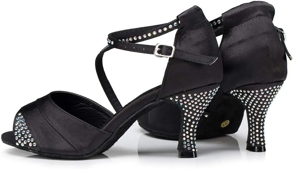 HIPPOSEUS Women Rhinestone Ballroom Dance Shoes Satin Latin Salsa Performance Dance Shoes,Model L066