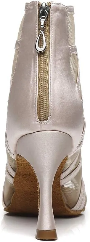 HIPPOSEUS Womens Latin ballroom Dance Boots Satin Salsa Tango chacha Performance Heels Dance Boots with Open Toe,Model L445
