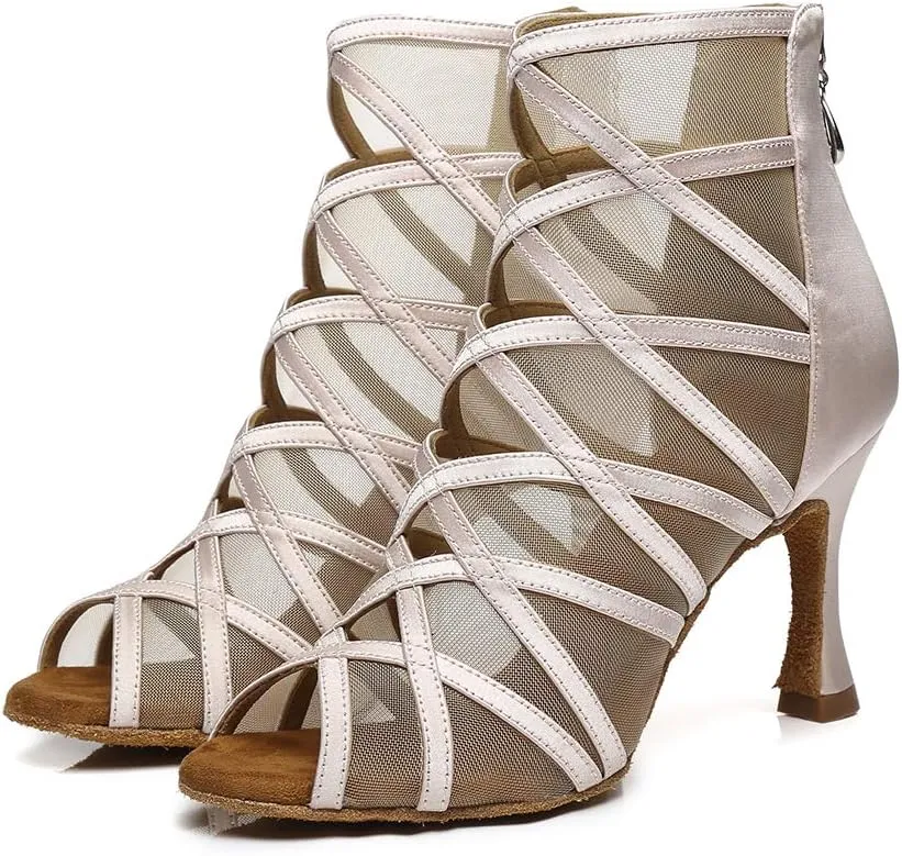 HIPPOSEUS Womens Latin ballroom Dance Boots Satin Salsa Tango chacha Performance Heels Dance Boots with Open Toe,Model L445