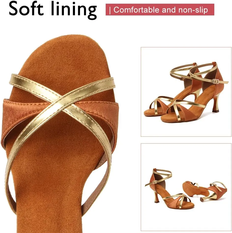 HIPPOSEUS Women's Professional Latin Dance Shoes Satin Salsa Bachata Ballroom Performance Dance Shoes with Ankle Strap,Model 805