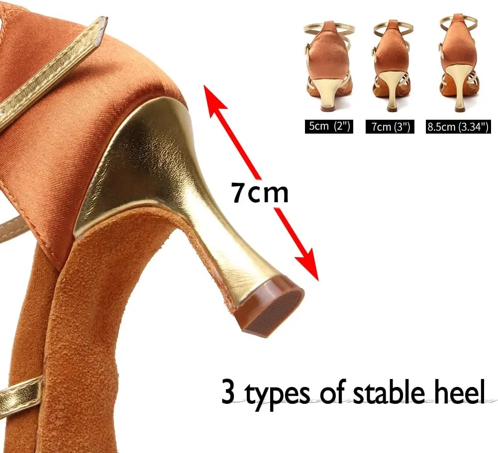 HIPPOSEUS Women's Professional Latin Dance Shoes Satin Salsa Bachata Ballroom Performance Dance Shoes with Ankle Strap,Model 805