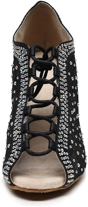 JUODVMP Women Rhinestone Dance Shoes Ballroom Latin Salsa Bachata Performance Dance Dancing Shoes QJW9001