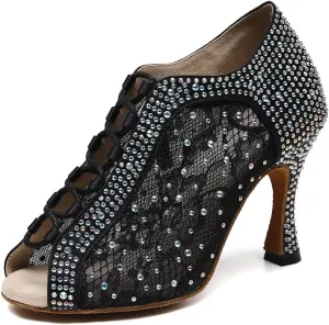 JUODVMP Women Rhinestone Dance Shoes Ballroom Latin Salsa Bachata Performance Dance Dancing Shoes QJW9001