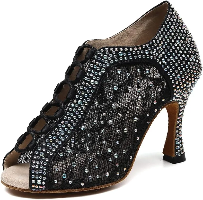 JUODVMP Women Rhinestone Dance Shoes Ballroom Latin Salsa Bachata Performance Dance Dancing Shoes QJW9001