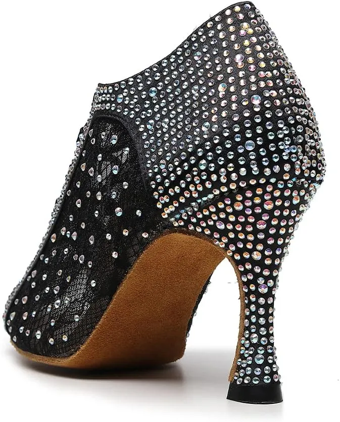 JUODVMP Women Rhinestone Dance Shoes Ballroom Latin Salsa Bachata Performance Dance Dancing Shoes QJW9001