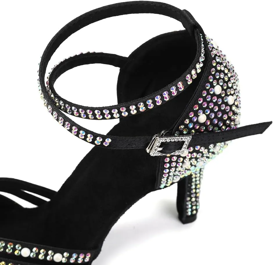 JUODVMP Women's Latin Salsa Dance Shoes Black Satin with Rhinestones Braided Ballroom Shoes Model L506