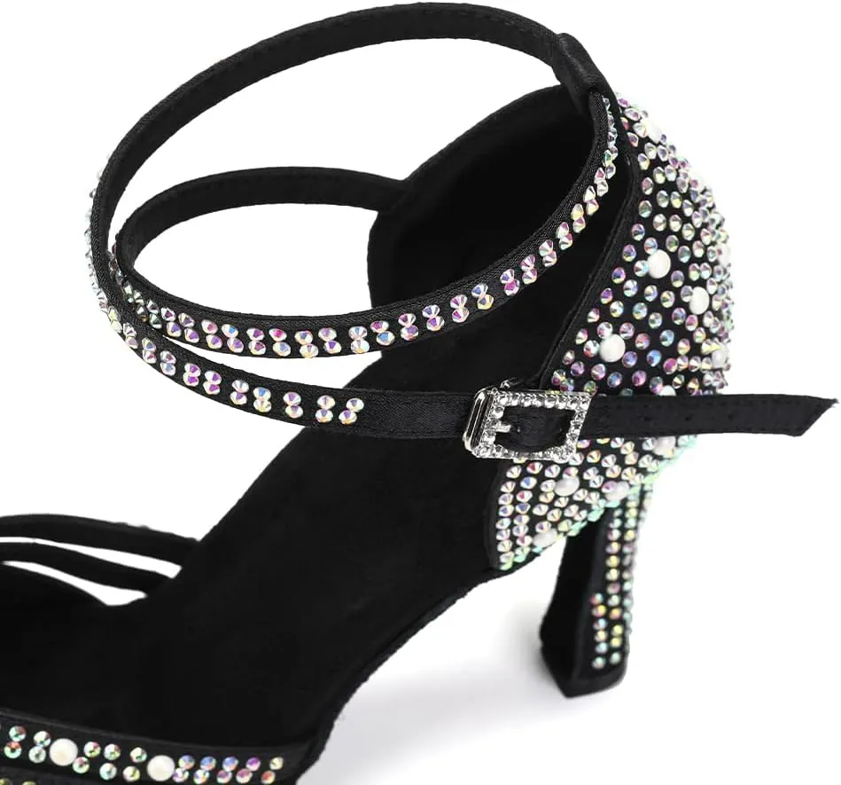 JUODVMP Women's Latin Salsa Dance Shoes Black Satin with Rhinestones Braided Ballroom Shoes Model L506