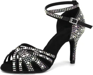 JUODVMP Women's Latin Salsa Dance Shoes Black Satin with Rhinestones Braided Ballroom Shoes Model L506