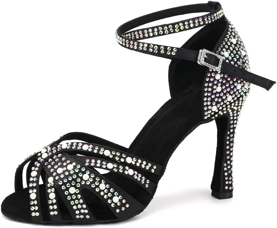 JUODVMP Women's Latin Salsa Dance Shoes Black Satin with Rhinestones Braided Ballroom Shoes Model L506