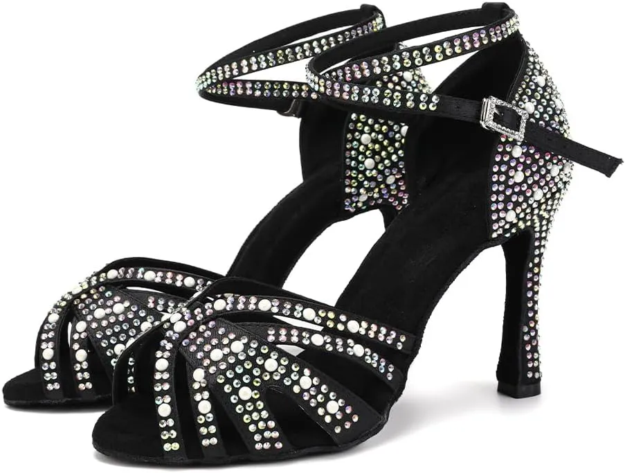 JUODVMP Women's Latin Salsa Dance Shoes Black Satin with Rhinestones Braided Ballroom Shoes Model L506