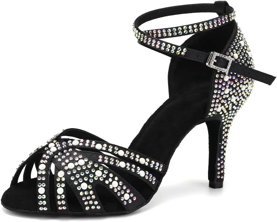 JUODVMP Women's Latin Salsa Dance Shoes Black Satin with Rhinestones Braided Ballroom Shoes Model L506
