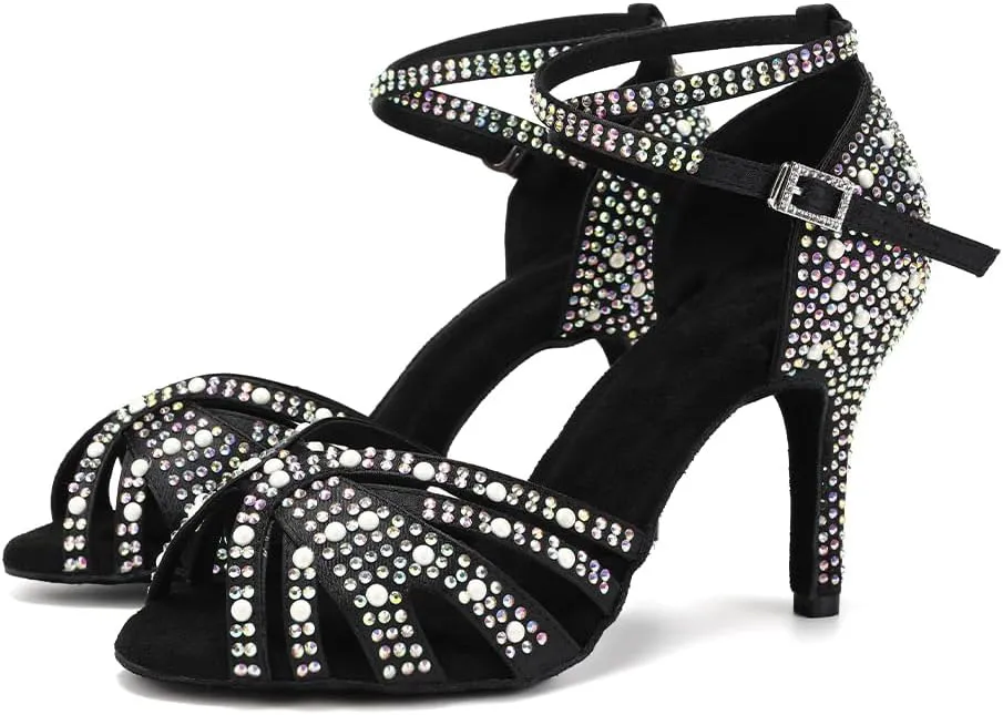JUODVMP Women's Latin Salsa Dance Shoes Black Satin with Rhinestones Braided Ballroom Shoes Model L506