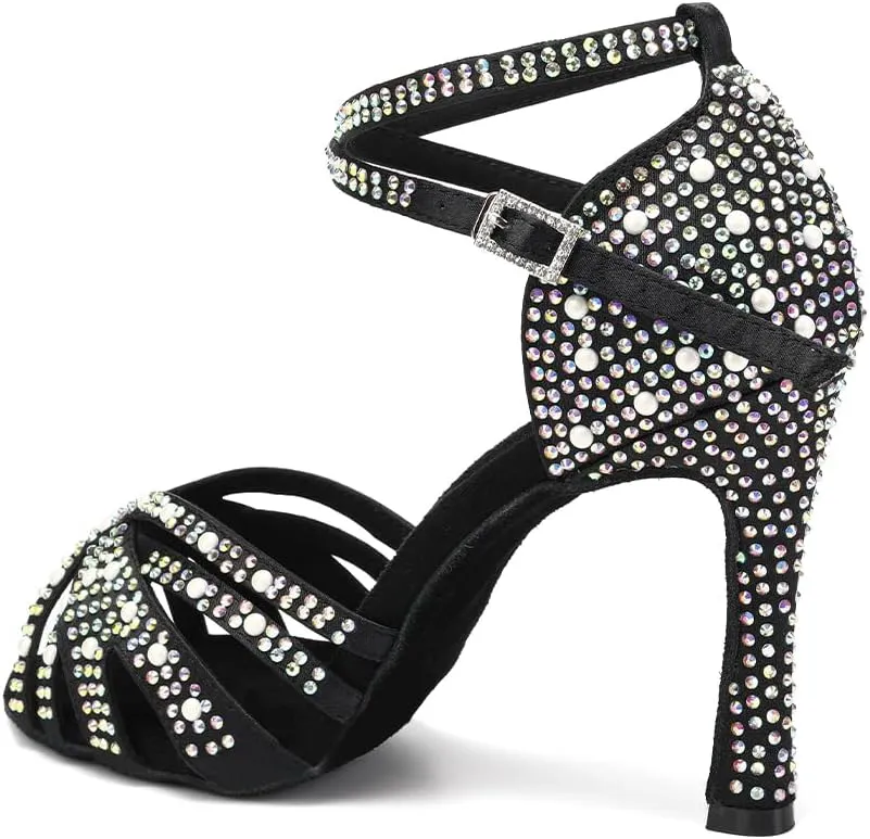 JUODVMP Women's Latin Salsa Dance Shoes Black Satin with Rhinestones Braided Ballroom Shoes Model L506
