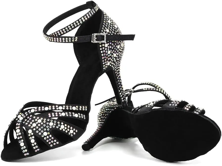 JUODVMP Women's Latin Salsa Dance Shoes Black Satin with Rhinestones Braided Ballroom Shoes Model L506