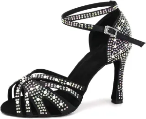 JUODVMP Women's Latin Salsa Dance Shoes Black Satin with Rhinestones Braided Ballroom Shoes Model L506