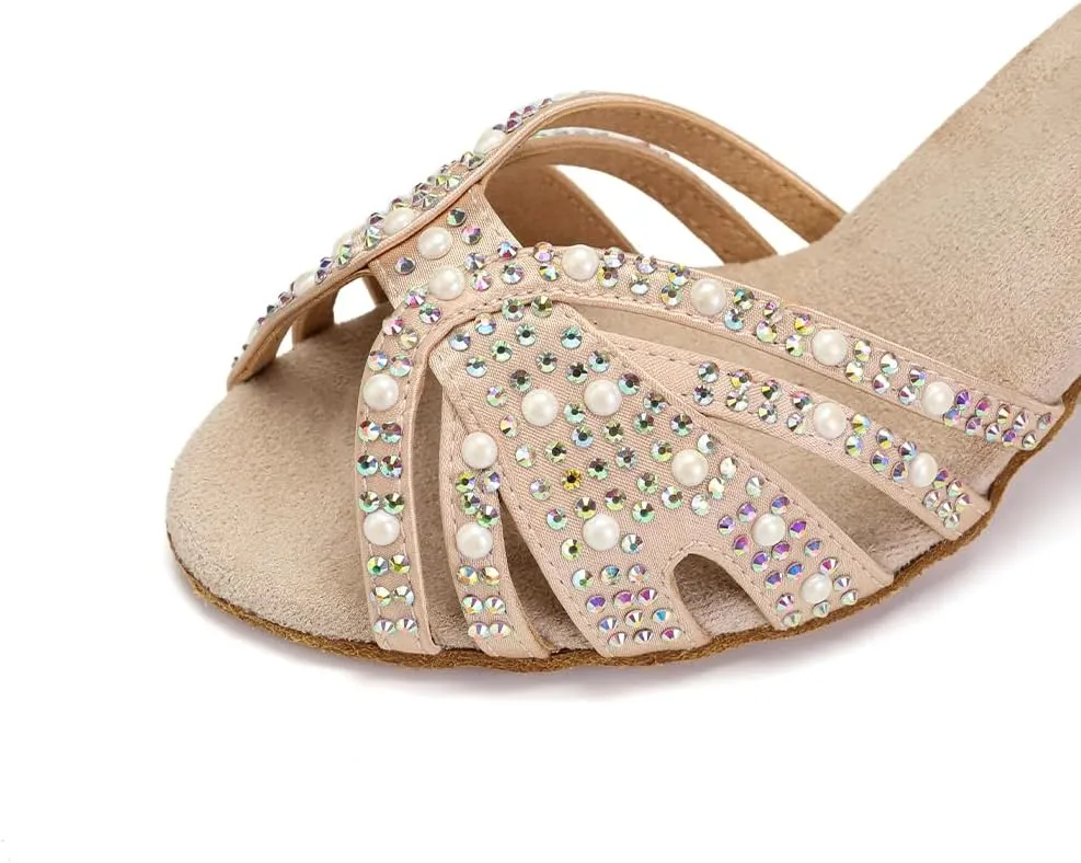 JUODVMP Women's Latin Salsa Dance Shoes Nude Satin with Rhinestones Braided Ballroom Shoes Model L506