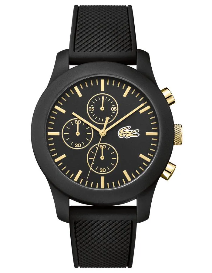 Lacoste 12.12 Mens Chronograph - Black Case & Dial - Strap - Gold-Tone Accents