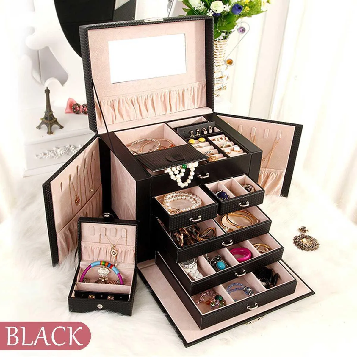 Large Jewellery Box With Lock for Girls - Black
