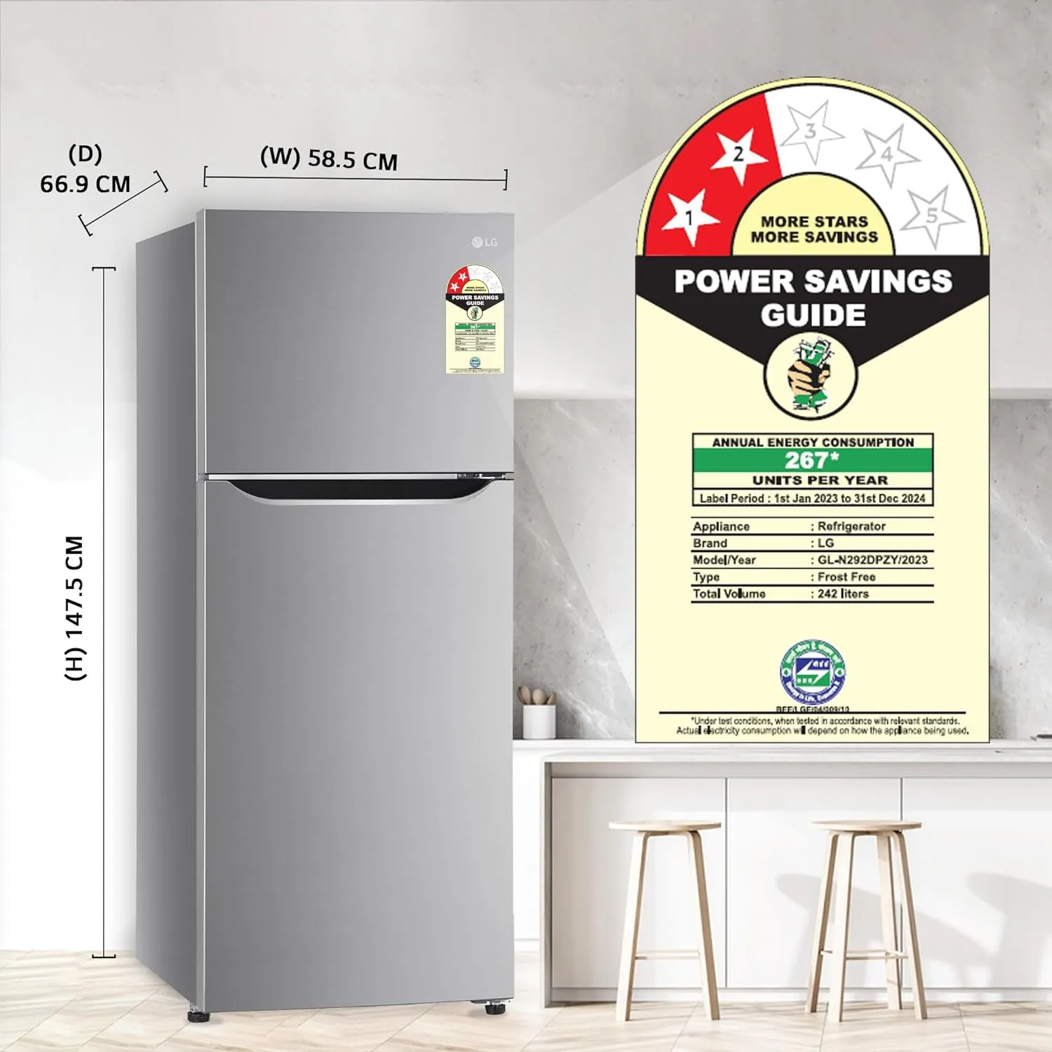 LG GL-N292DPZY 242 L 2 Star Frost-Free Smart Inverter Double Door Refrigerator ( Shiny Steel, Smart Connect & Multi Air Flow)
