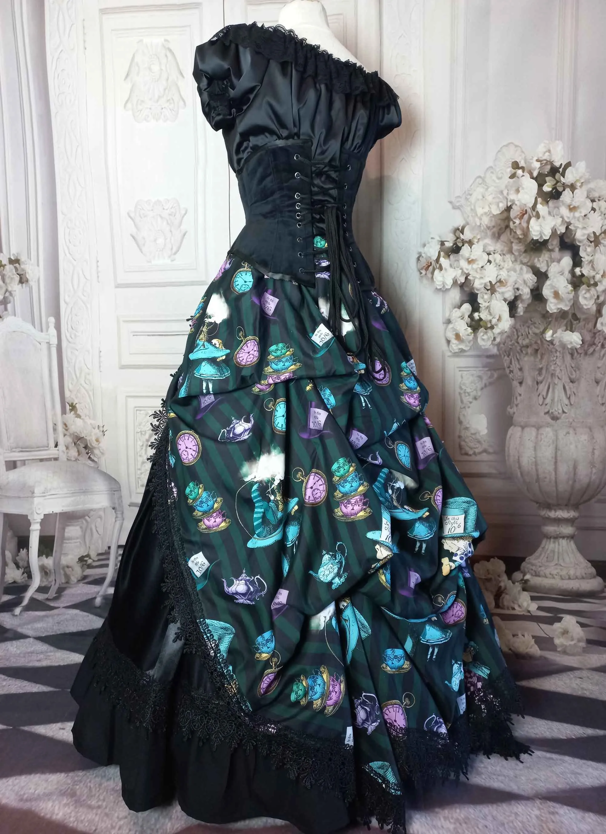 Mad Hatter Victorian Corset Ensemble - Green and Black Mad Hatter Costume