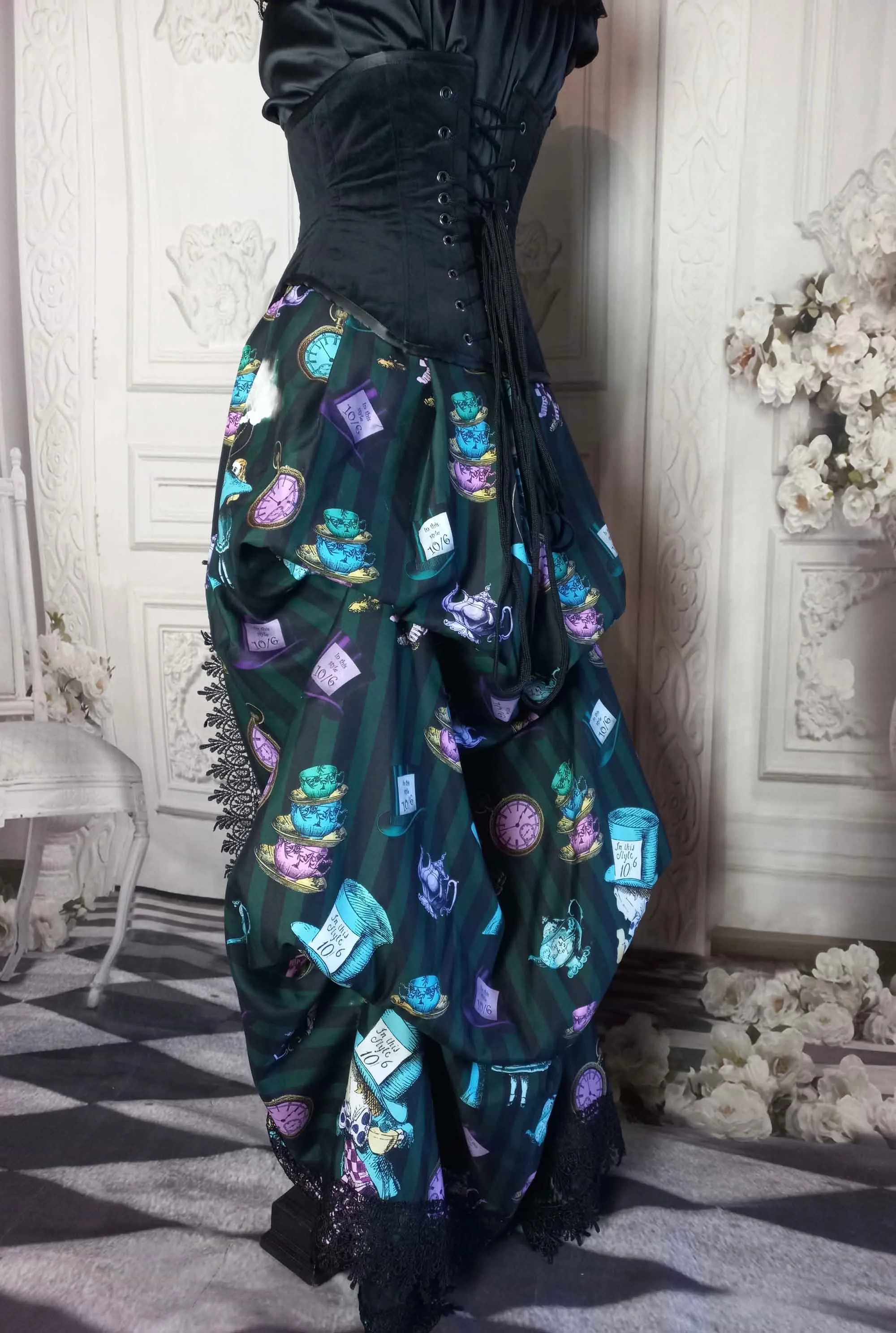 Mad Hatter Victorian Corset Ensemble - Green and Black Mad Hatter Costume