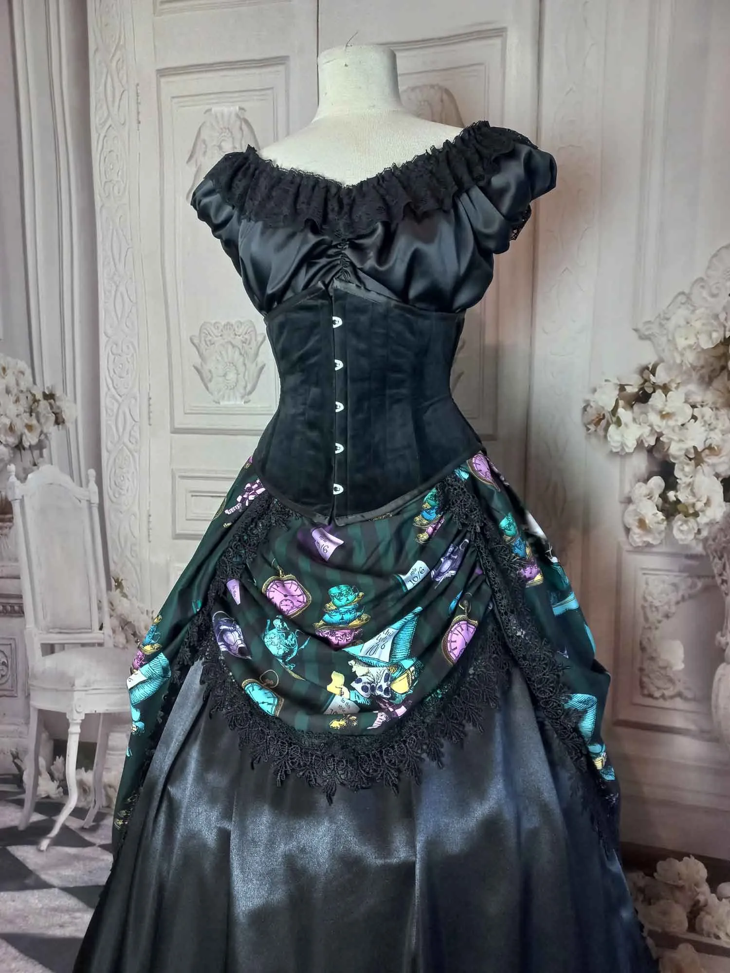 Mad Hatter Victorian Corset Ensemble - Green and Black Mad Hatter Costume