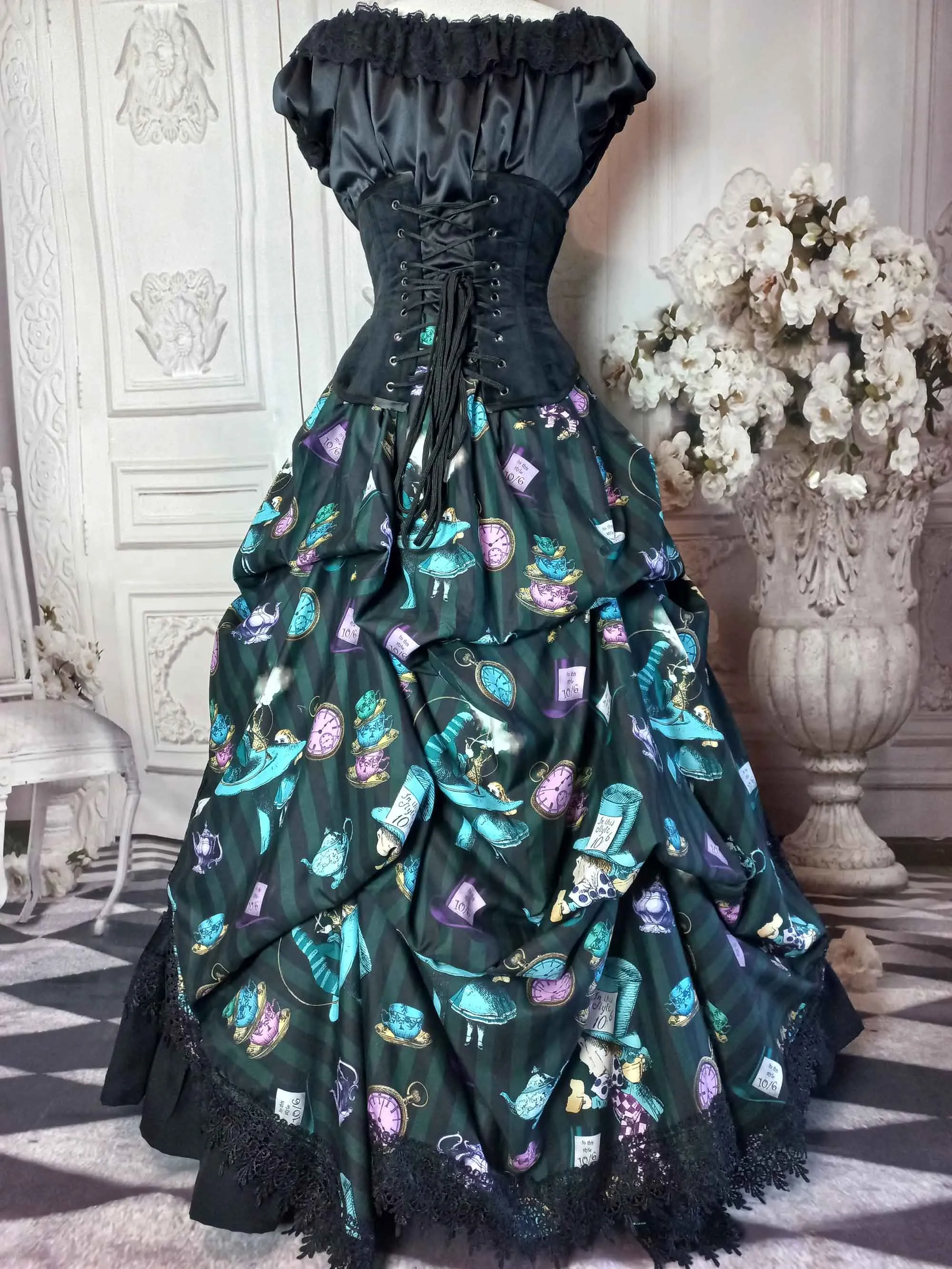 Mad Hatter Victorian Corset Ensemble - Green and Black Mad Hatter Costume