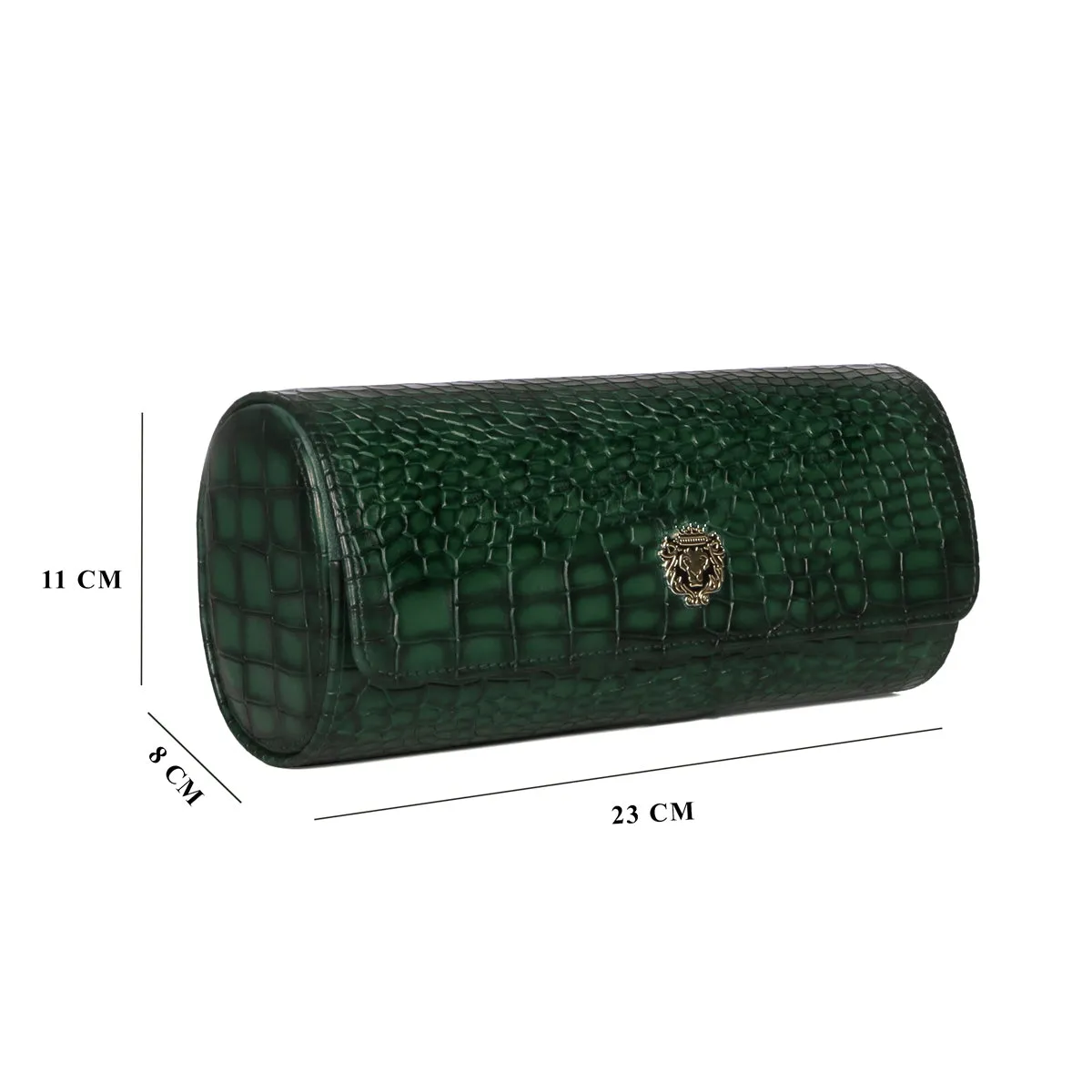 Metal lion Smokey Finish Green Croco Textured Leather Wrist Watch Roll