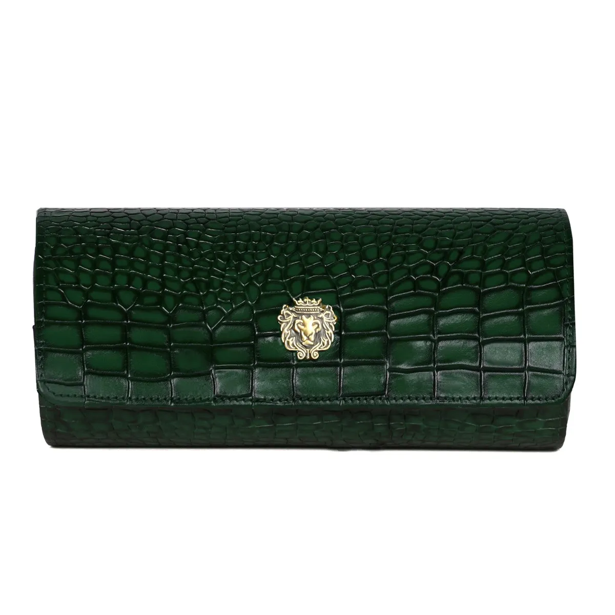 Metal lion Smokey Finish Green Croco Textured Leather Wrist Watch Roll