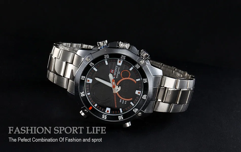 NAVIFORCE Luxury Brand Full Steel Watch Men Quartz Waterproof Watch Men Sports Watch Analog Digital LED Watch