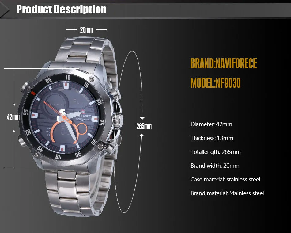 NAVIFORCE Luxury Brand Full Steel Watch Men Quartz Waterproof Watch Men Sports Watch Analog Digital LED Watch
