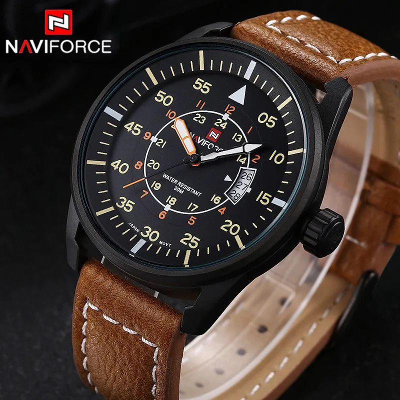 NAVIFORCE New Genuine Leather Watch Men Luxury Brand Quartz Watch Analog Display Date Casual Watch Men Watches