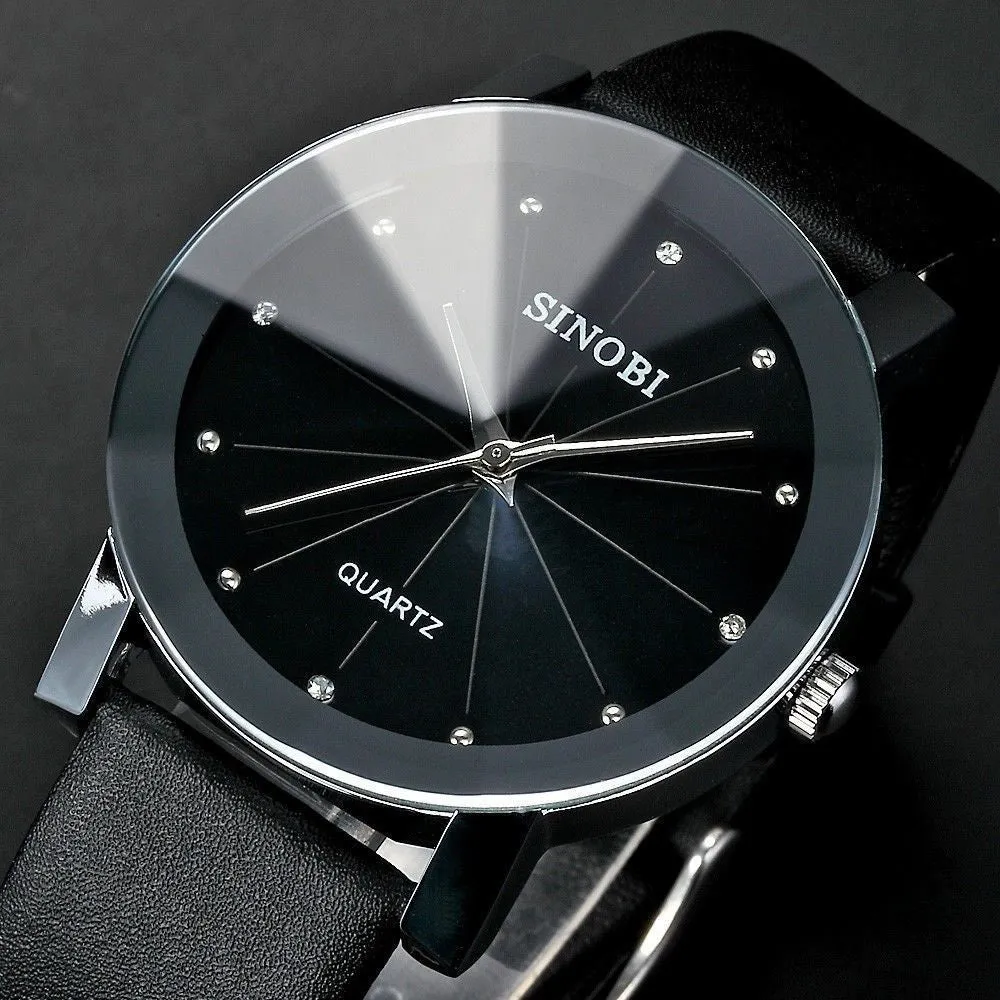 New SINOBI Watch Luxury Brand Diamond Crystal Silver Case Elegant Men Quartz Wrist Gift Dress Men's Leather Strap Watches