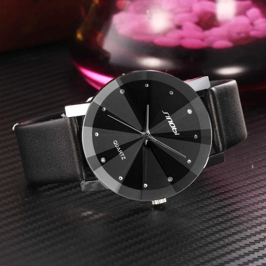 New SINOBI Watch Luxury Brand Diamond Crystal Silver Case Elegant Men Quartz Wrist Gift Dress Men's Leather Strap Watches