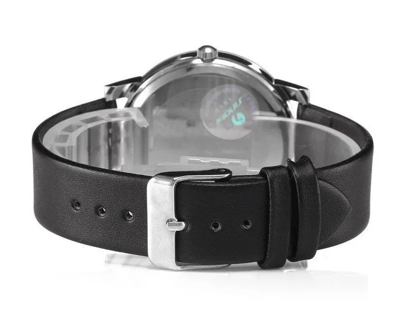 New SINOBI Watch Luxury Brand Diamond Crystal Silver Case Elegant Men Quartz Wrist Gift Dress Men's Leather Strap Watches