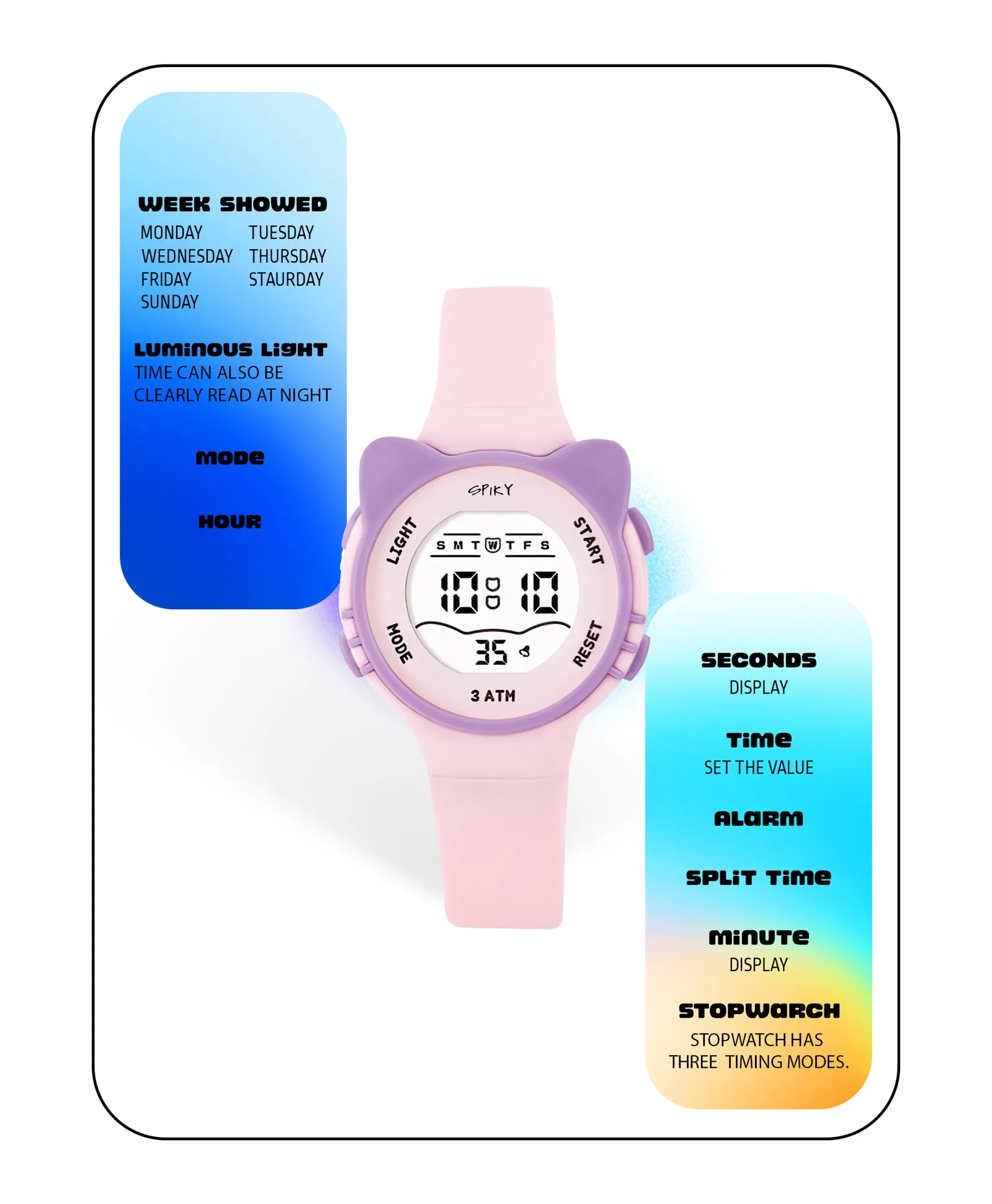 Spiky Round Cat Shaped Sports Digital Watch - Pink