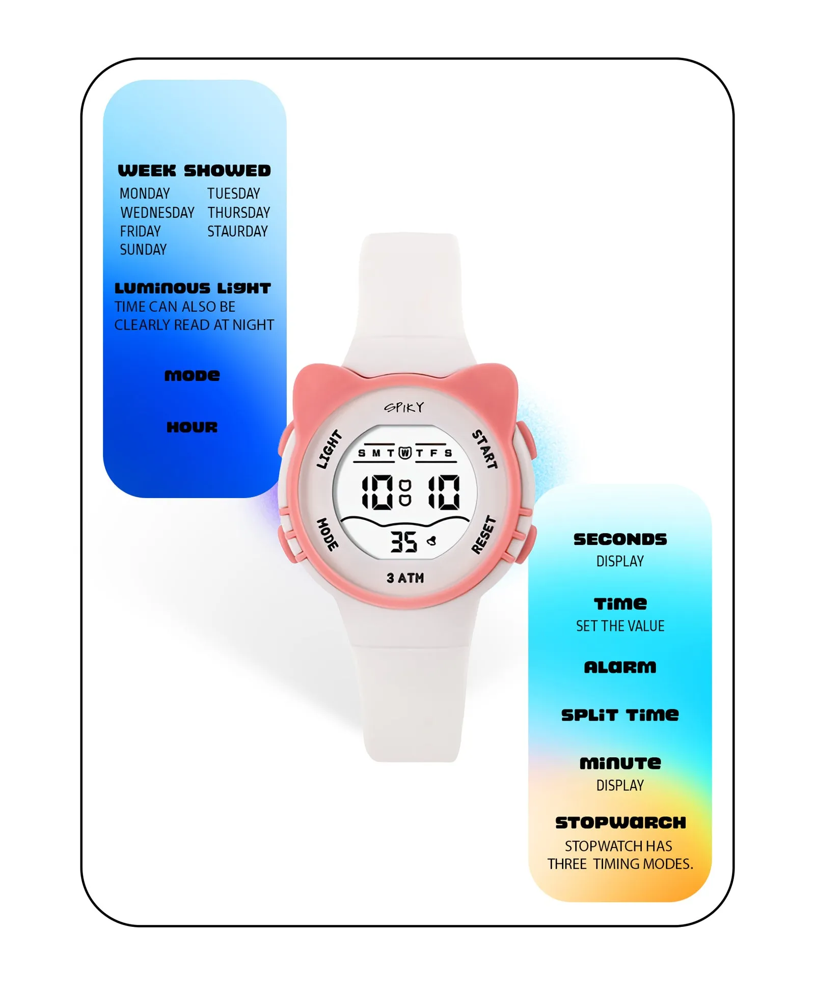 Spiky Round Cat Shaped Sports Digital Watch - Pink