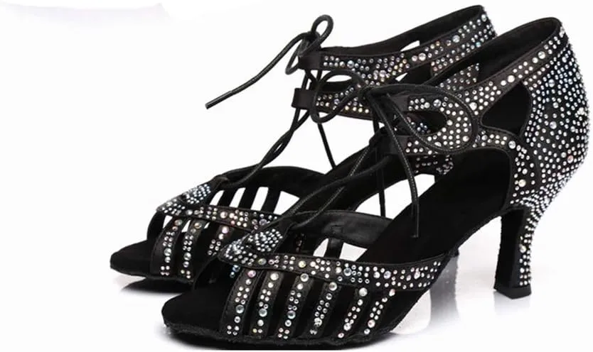 TDA Women's Fashion Lace-up Rhinestones Peep Toe Salsa Tango Ballroom Latin Modern Wedding Dance Shoes