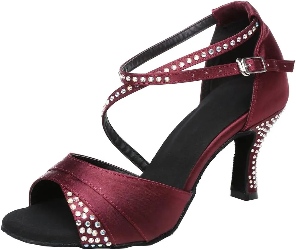 TDA Women's High Heel Crystals Satin Salsa Tango Ballroom Latin Modern Dance Shoes