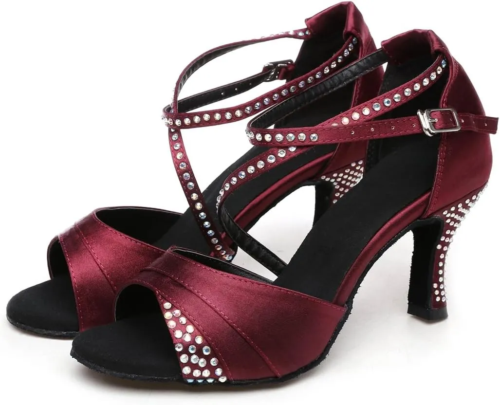 TDA Women's High Heel Crystals Satin Salsa Tango Ballroom Latin Modern Dance Shoes