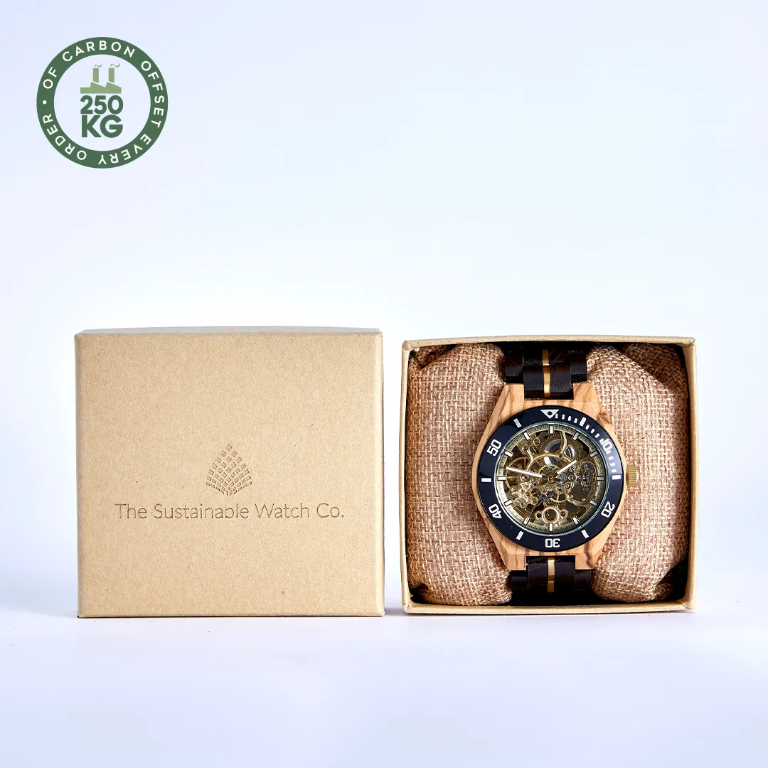 The Rosewood: Luxurious Handmade Wood Watch for Men - Eco-Friendly Chacate Preto & Olive Wood with Gold Mechanical Movement