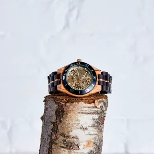 The Rosewood: Luxurious Handmade Wood Watch for Men - Eco-Friendly Chacate Preto & Olive Wood with Gold Mechanical Movement