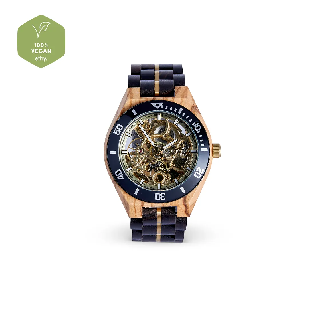 The Rosewood: Luxurious Handmade Wood Watch for Men - Eco-Friendly Chacate Preto & Olive Wood with Gold Mechanical Movement